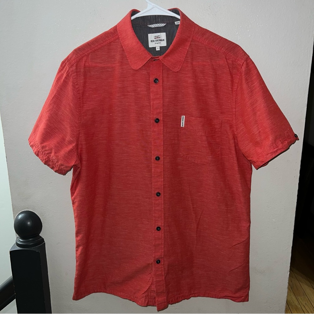 Ben Sherman Men’s Large Red Cotton Linen Short Sleeve Button Up Shirt
